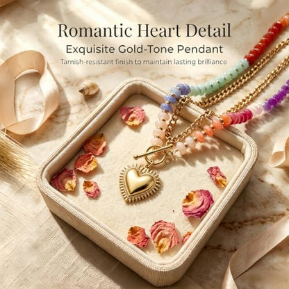 Layered Necklaces for Women Colorful Beaded Necklace with Heart Pendant | Acrylic Choker Chunky Chain Necklace for Women Boho Statement Charm Necklace Double Layered Stacked Jewelry for Summer Beach