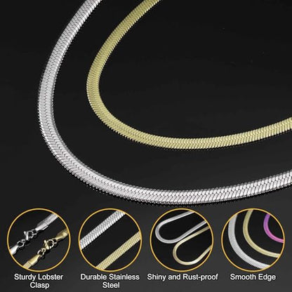 HARFINGTON Herringbone Necklaces Stainless Steel Snake Chain Necklace Adjustable Flat Chain for Jewelry Gift - color: Silver, size: 18" x 0.08"