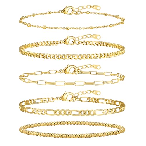 Gold Bracelets for Women, 14K Gold Plated Stackable Bracelet Stack Set Adjustable Charm Paperclip Chain Cuban Link Layered Waterproof Jewelry Sets Gifts for Womens 6.5 Inch - color: Gold 7.2 IN Large Wrist