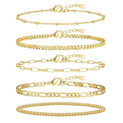 Gold Bracelets for Women, 14K Gold Plated Stackable Bracelet Stack Set Adjustable Charm Paperclip Chain Cuban Link Layered Waterproof Jewelry Sets Gifts for Womens 6.5 Inch - color: Gold 7.2 IN Large Wrist
