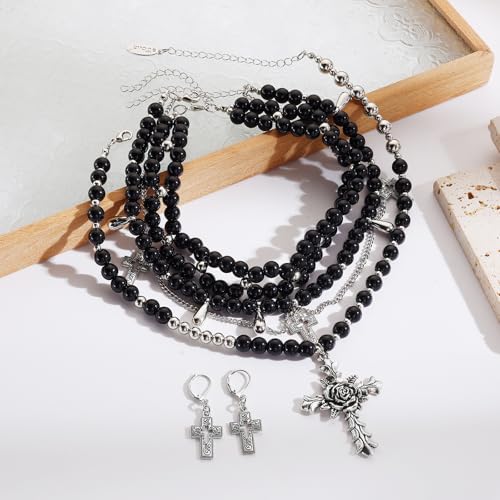 Bocar Gothic Cross Layered Pearl Necklace Chunky Statement Stacked Necklace Y2K Silver Layered Necklace for Women (NK-10769) - color: Black