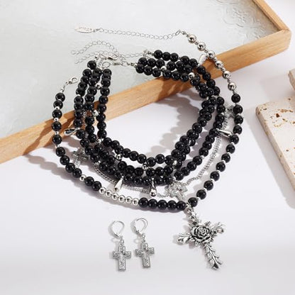 Bocar Gothic Cross Layered Pearl Necklace Chunky Statement Stacked Necklace Y2K Silver Layered Necklace for Women (NK-10769) - color: Black