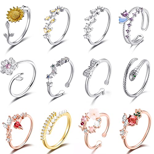 TAMHOO 9/12/15/16 Pcs Open Rings Set for Women with Sparkling Cubic Zirconia- Finger Rings Pack Stackable Rings for Teens,White Gold/Rose Gold/Gold Tone Rings for Girls - style: #2