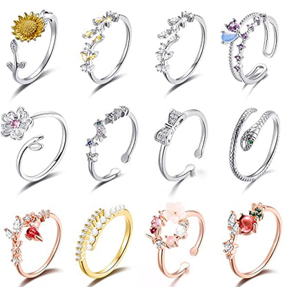 TAMHOO 9/12/15/16 Pcs Open Rings Set for Women with Sparkling Cubic Zirconia- Finger Rings Pack Stackable Rings for Teens,White Gold/Rose Gold/Gold Tone Rings for Girls - style: #2