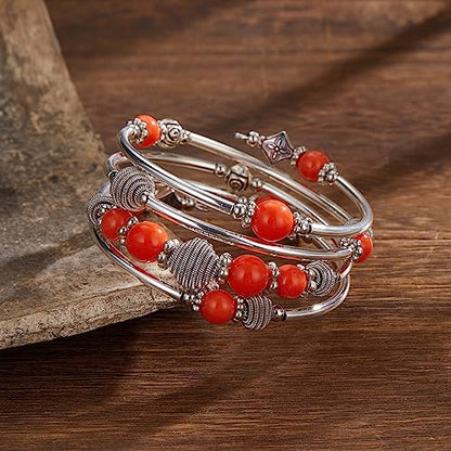 PEARL&CLUB Beaded Chakra Bangle Turquoise Bracelet - Fashion Jewelry Wrap Bracelet with Thick Silver Metal and Mala Beads, Birthday Gifts For Women - color: Orange