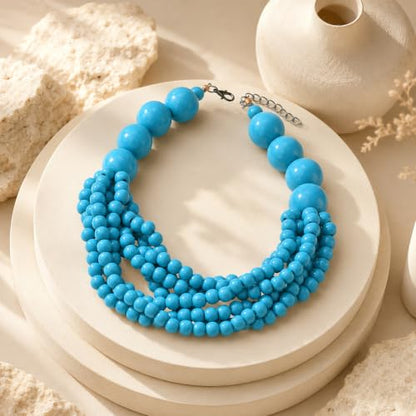 Handmade Layered Wood Bead Necklace for Women - Chunky African Statement Necklace, Natural Khaki Beaded Jewelry, Hypoallergenic & Skin-Safe for Sensitive Skin, Boho Rainbow Inspired Chunky Collar Necklace - color: Blue