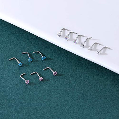ZS 20G Nose Stud Rings Set, Stainless Steel CZ Nose Piercing Jewelry | Hypoallergenic Nose Bone Rings, L Shaped & Screw Nose Studs, 3mm CZ Stone Nostril Jewelry for Women Men - color: 12pcs L Shaped Style