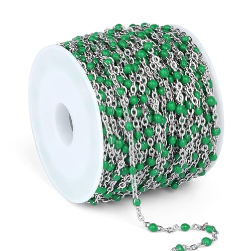 33FT 2mm Stainless Steel Green Enamel Link Chains Bulk for Jewelry Making | 304 Stainless Steel Enamel Beaded Cable Chains Roll Spool for Necklace Bracelet Craft - color: Stainless Steel Green Beads