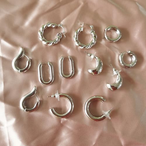 6 Pairs Gold Hoop Earrings for Women, 14K Gold Plated Huggie Hoop Earrings Set Hypoallergenic Lightweight Chunky Open Hoops Jewelry for Gift - color: Silver