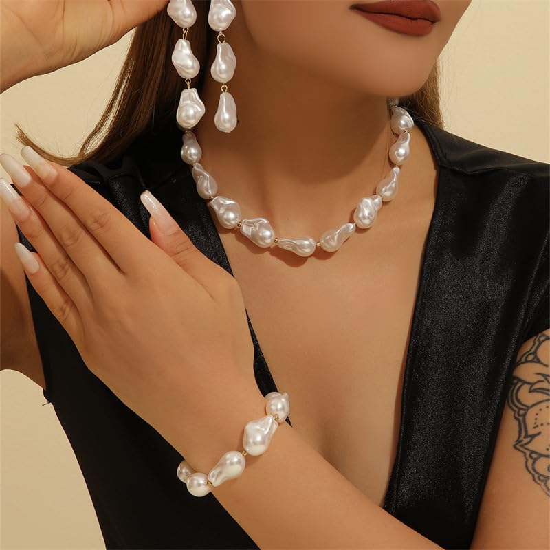Wedding Pearl Jewelry Set for Women Classic Necklace and Earrings Faux Pearls Bridesmaid Gift wedding bride trendy fashion jewelry fall fashion - color: A-Alien imitation pearl necklace set