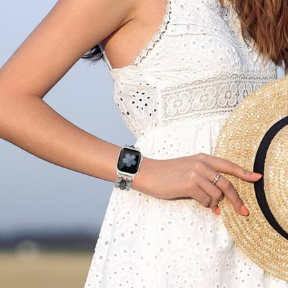 Newlibery Natural Stone Bracelet Beaded-Band Women Compatible with Apple Watch 42mm(S3/2/1) 44/45/46/49mm Feminine Handmade Stretch Strap for iWatch Series 11/10/9/8/7/6/5/4/3/2/1 SE 3/2/1 Ultra1/2/3 - color: A8 Grey Map, size: 46(s10/11)/49/45/44/42mm(s1