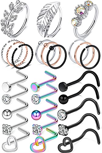 20G 18G 16G Nose Rings Studs 316L Surgical Steel Flat Back Threadless Push in Nose Studs Screw L-Shaped Nose Rings Tragus Cartilage Helix Earrings Piercing Jewelry for Women Men - color: Set F:18G(1.0MM)-Mix Color