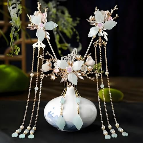 Hanfu Hair Accessories Set Green Butterfly Tassel Chinese Vintage HairStick | Hair Sticks, Butterfly Tassel Hairpin Comb, Earrings Kit, Rhinestone Pearl, Wedding Bridal Cosplay Daily Wear