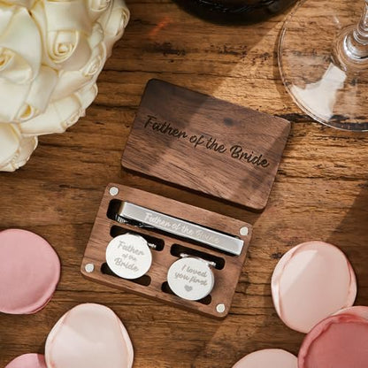 Colingmill Father of the Bride Gift Dad of the Bridegroom Cufflinks Tie Clip Set with Engraved Wood Gift Box for Dad - style: Father of the Bride, First