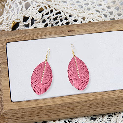 YUNXI Large Genuine Soft Leather Handmade Fringe Feather Lightweight Leaf with Simple Drop Metal Bar Tear Drop Dangle Color Earrings for Women - color: Pink