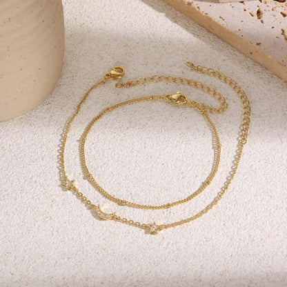 16K Gold Plated Bracelets Set for Women - Dainty Layered Adjustable Hand Chain Bracelet with Cubic Zirconia, Cute Jewelry Gift for Her, Waterproof Hypoallergenic - color: Moon and Star
