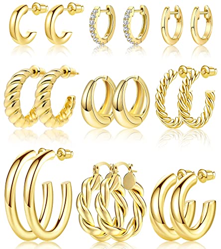 Adoyi 9 Pairs Gold Hoop Earrings Set for Womens Twisted Huggie Hoops Earrings 14K 18K Gold Plated for Girls Valentines Mother's Day Birthday Gifts Lightweight - color: 14K Gold Plated