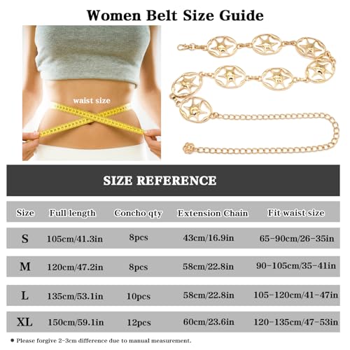 LIMHOO Women's Metal Waist Chain Belts Gold Silver Link Belt for Dresses - color: Star Gold, size: S: Length 105cm/41.3in