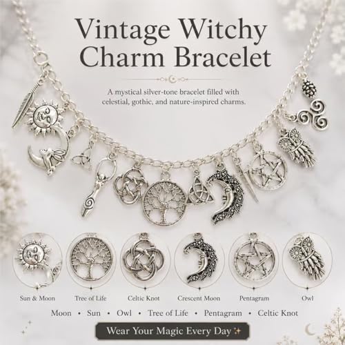 Vintage Witchy Charm Bracelet,Gothic Boho Jewelry for Women with 7 pendant, Adjustable Lobster Clasp,Meaningful Gift for Witchy, Boho Style Lovers