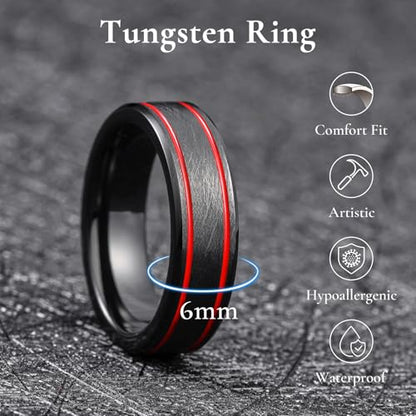 King Will Mens Tungsten Rings for Men Two Tone Grooved Mens Wedding Band Cool - color: Black & Red Two Groove 6mm
