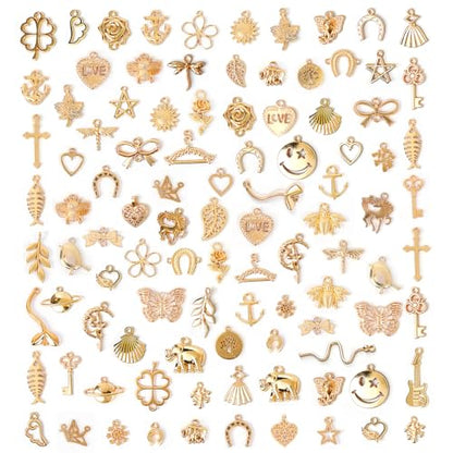 Resflyar 100 PCS Wholesale Bulk Lots Jewelry Making Charms, Mixed KC Gold Charms Pendants for Wedding Birthday Party Necklace Bracelet Jewelry Making and Craft DIY Supplies - color: Gold-100PCS