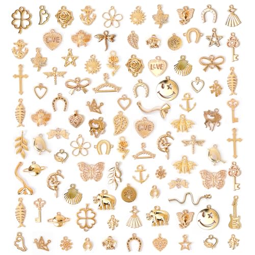 Resflyar 100 PCS Wholesale Bulk Lots Jewelry Making Charms, Mixed KC Gold Charms Pendants for Wedding Birthday Party Necklace Bracelet Jewelry Making and Craft DIY Supplies - color: Gold-100PCS