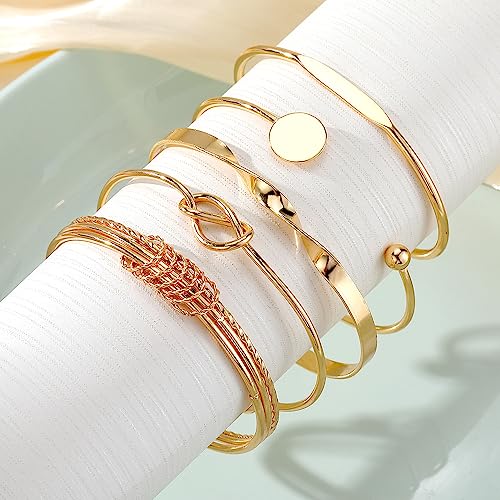 Golden Bangle Bracelets Set for Women, 14k Gold-Plated Multi Layer Stackable Cuff Bracelets, Personalized Boho Non Tarnish Adjustable Bangle Jewelry Gift for Her - color: 5PCS Unlimited