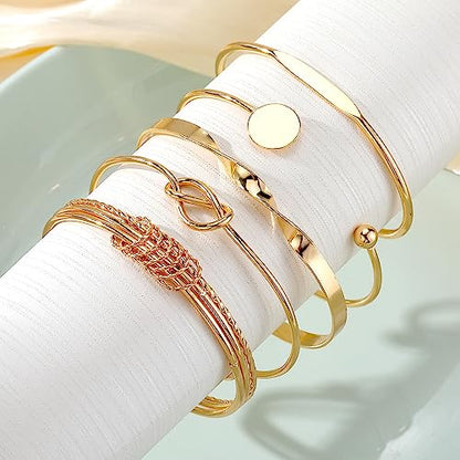 Golden Bangle Bracelets Set for Women, 14k Gold-Plated Multi Layer Stackable Cuff Bracelets, Personalized Boho Non Tarnish Adjustable Bangle Jewelry Gift for Her - color: 5PCS Unlimited