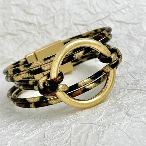 Bracelets for Women Leather Bracelet Multi-Layer Rope Wrap Bangle 14k Gold Plated Cirle Hollow Tube Boho Cuff Bangle Bracelets for Women Gift - style: Leopard Leather Bracelet