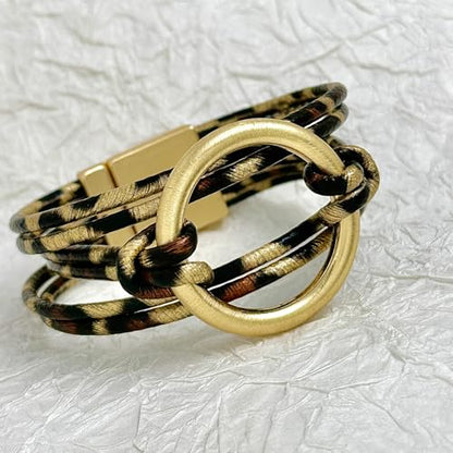 Bracelets for Women Leather Bracelet Multi-Layer Rope Wrap Bangle 14k Gold Plated Cirle Hollow Tube Boho Cuff Bangle Bracelets for Women Gift - style: Leopard Leather Bracelet