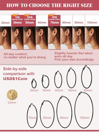 FOCALOOK 14K Gold Plated Lightweight Large Hoops| 2mm Thin Hoop Earrings for Women 30/40/50/70/100mm - color: 01.Black, size: 70mm