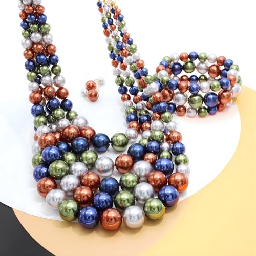 JNF Large Faux Pearl Necklaces for Women Multi strand Pearl Necklace Bracelet and Earrings Set 1920s Costume Pearls Necklace Jewelry Accessories - color: dark multi Color