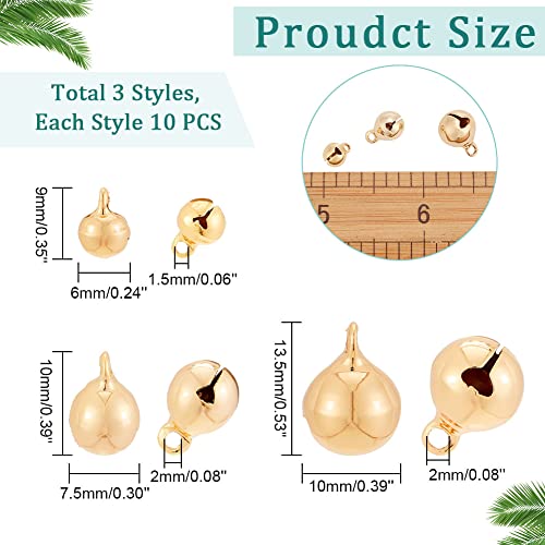 BENECREAT 30Pcs 3 Sizes 18K Gold Plated Brass Bell Charms, Loose Round Pendant Beads with Hole for Earrings Bracelet Necklace Jewelry Making Crafts, 10pcs/Size - color: Bell