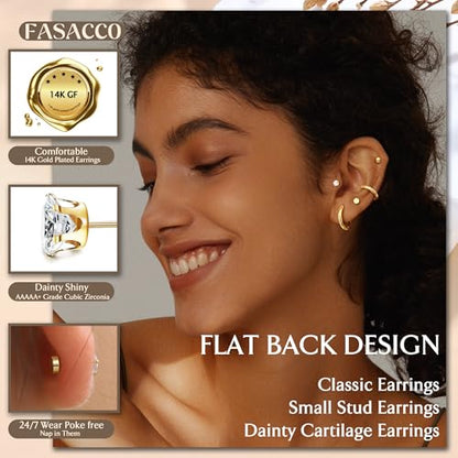 FASACCO Small Tiny Stud Flat Back Earring Hypoallergenic Gold Studs 14K Surgical Steel Earring Sets for Multiple Piercing Cartilage Hoop Earrings - color: gold tone