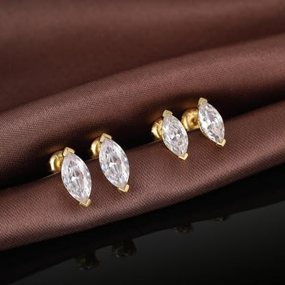 Brilliant Heart-cut/Oval-cut/Trillion-cut/Cushion-cut/Emerald-cut/Marquise-cut Stud, 925 Sterling Silver Cubic Zirconia Stud Earrings for Women Men - style: F-Marquise-cut-yellow