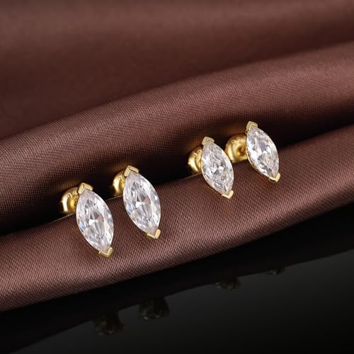 Brilliant Heart-cut/Oval-cut/Trillion-cut/Cushion-cut/Emerald-cut/Marquise-cut Stud, 925 Sterling Silver Cubic Zirconia Stud Earrings for Women Men - style: F-Marquise-cut-yellow