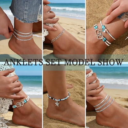 21PCS Gold Ankle Bracelets for Women, Boho Shell Bead Cuban Link Chain Waterproof Gold Anklets Set, Adjustable Layered Anklets for Women Beach Jewelry Gift - color: Silver