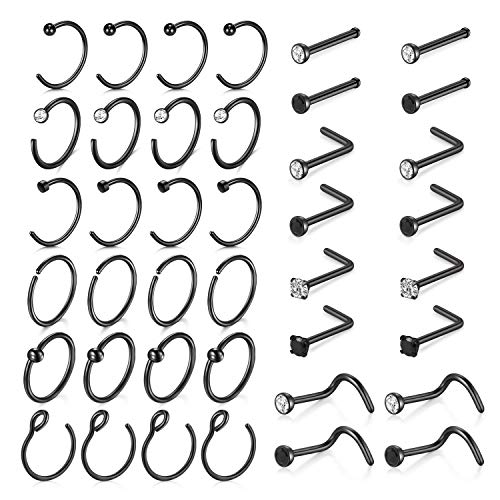 18 Nose Rings Studs Surgical Stainless Steel Hypoallergenic L Shaped Nose Piercing Jewelry for Women Men Silver Black Nostril Hoop Rings 18 Gauge - style: C5