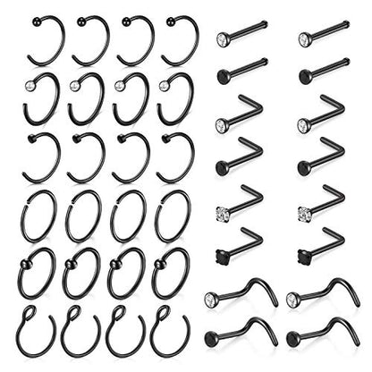18 Nose Rings Studs Surgical Stainless Steel Hypoallergenic L Shaped Nose Piercing Jewelry for Women Men Silver Black Nostril Hoop Rings 18 Gauge - style: C5