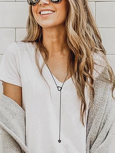 FOCALOOK Heart Lariat Necklaces for Women, Long Slip Chain Necklace | Hypoallergenic 316L Stainless Steel Silver/Black/Gold Plated, Front Slider Closure, Non Tarnish, Layered look, Everyday Wear - color: 04:Black Heart-Custom