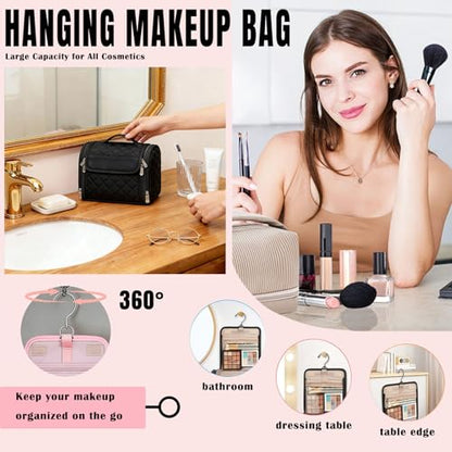banapoy Hanging Toiletry Bag for Women, Roll up Cosmetics Makeup Bag, Travel Makeup Cosmetic Organizer with Hanging Hook, for Jewelry Toiletries, 10.63x9.45x6.30in (Black) - color: Black
