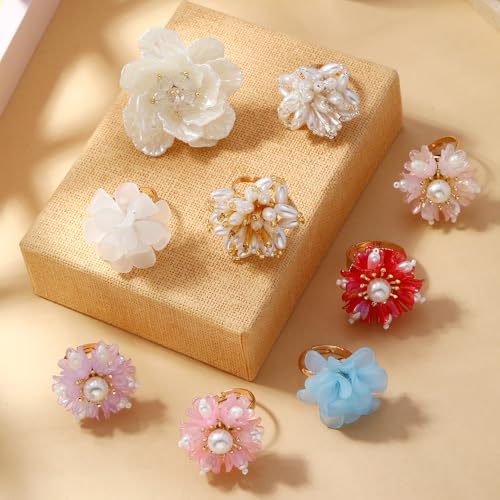 Dtja Elegant Shell Pearl Flower Statement Ring for Women Lady Artificial White Camellia Cherry Blossom Petals Adjustable Wide Wrap Rings Comfort Fit Delicate Wedding Holiday Party Jewelry