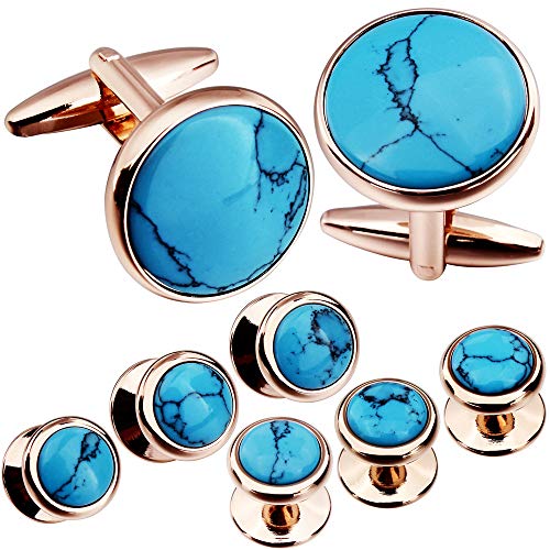 HAWSON Cufflinks and Tuxedo Studs Set for Men with Gift Box, Mother-of-Pearl Cuff links for French Cuff Shirt and Dress Shirt, Suitable for Wedding, Birthday, Party - style: Turkey Stone