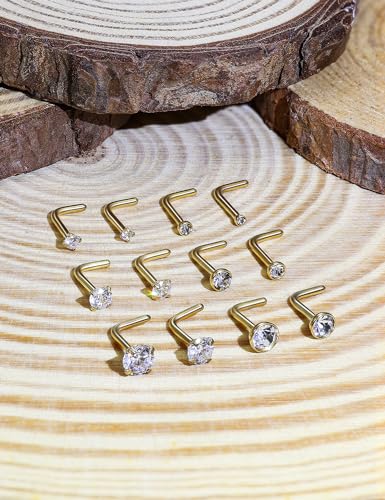18G 20G 22G 24G Nose Rings Studs 316L Surgical Steel L Shaped Nose Nostril Studs Piercing Jewelry for Women Men Silver Gold Black CZ 1.5mm 2mm 2.5mm 3mm 3.5mm 4mm - style: Gold-20G(0.8mm)-7mm Bars-1.5mm 2mm 2.5mm 3mm 3.5mm 4mm CZ