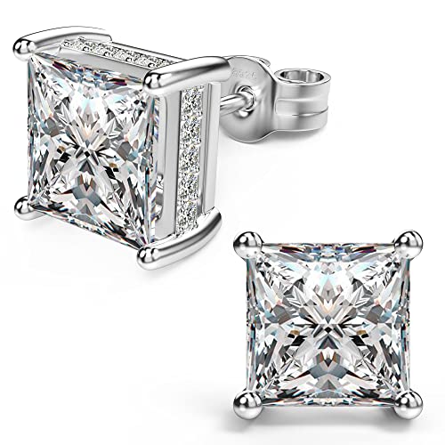Princess Cut Cubic Zirconia Stud Earrings for Men Women | Square CZ Simulated Diamond Studs, 18K White Gold Plated Sterling Silver, Hypoallergenic - color: White Gold, size: 8MM