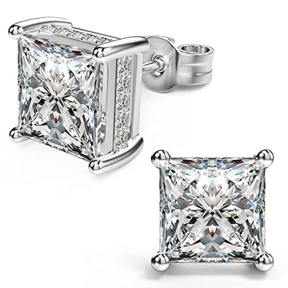Princess Cut Cubic Zirconia Stud Earrings for Men Women | Square CZ Simulated Diamond Studs, 18K White Gold Plated Sterling Silver, Hypoallergenic - color: White Gold, size: 8MM