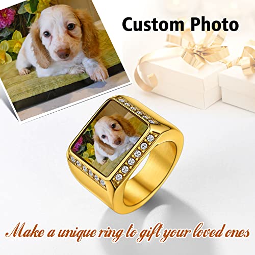 FindChic Customized Signet Photo Rings Square/Heart/Round Chunky Band Ring Stainless Steel/18K Gold Plated/Black Size 7 to 14 Personalized Jewelry for Men Women, Send Gift Box - color: 01. square (gold)