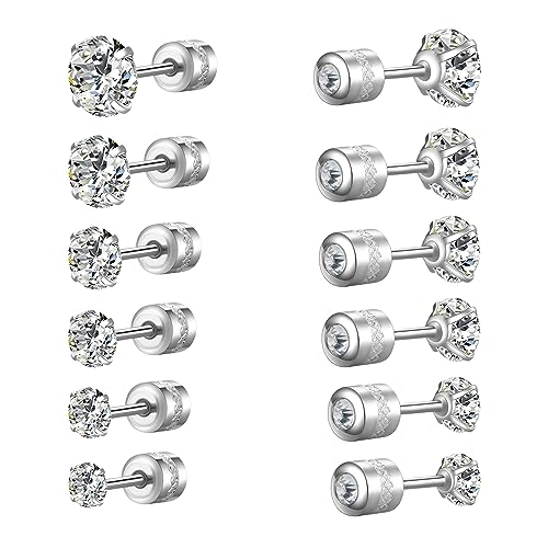 Titanium Surgical Steel CZ Screw Back Stud Earrings Set Hypoallergenic | Cubic Zirconia, Stainless Steel, Mens, Small, Dainty, Silver, Hypoallergenic for Sensitive Ears, Lobe, Cartilage, Helix - color: Round Clear - 2/3/4/5/6/7mm