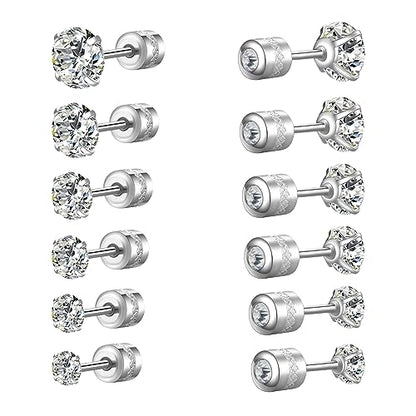 Titanium Surgical Steel CZ Screw Back Stud Earrings Set Hypoallergenic | Cubic Zirconia, Stainless Steel, Mens, Small, Dainty, Silver, Hypoallergenic for Sensitive Ears, Lobe, Cartilage, Helix - color: Round Clear - 2/3/4/5/6/7mm