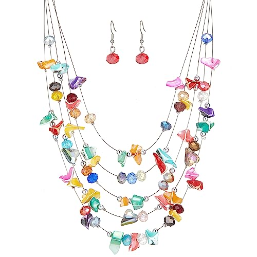 Multi-Layer Boho Shell Beaded Necklace for Women Colorful Crystal Strand with Silver Beads Statement Collars Necklace and Earrings Costumes Jewelry Sets for Women - color: 45-Colorful